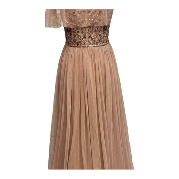 ADRIANNA PAPELL Rose Gold Beaded Embroidered Tulle Maxi Gown Dress 10 - Picture 12 of 15